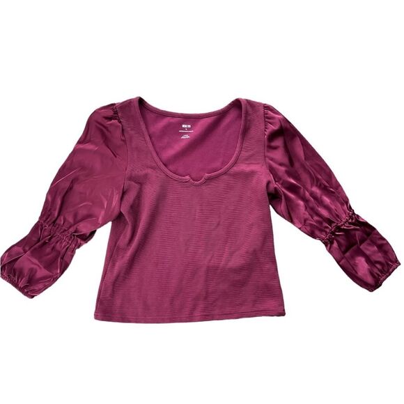 MAEVE for Anthropologie Burgundy Red Ribbed Top Satin Puff Sleeves Size Large - Picture 1 of 4
